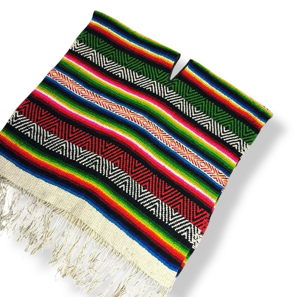 Vintage Mexican Serape Poncho Large Heavy  Textile Woven Wool 70x74‎ w/ Fringe - Picture 8 of 13